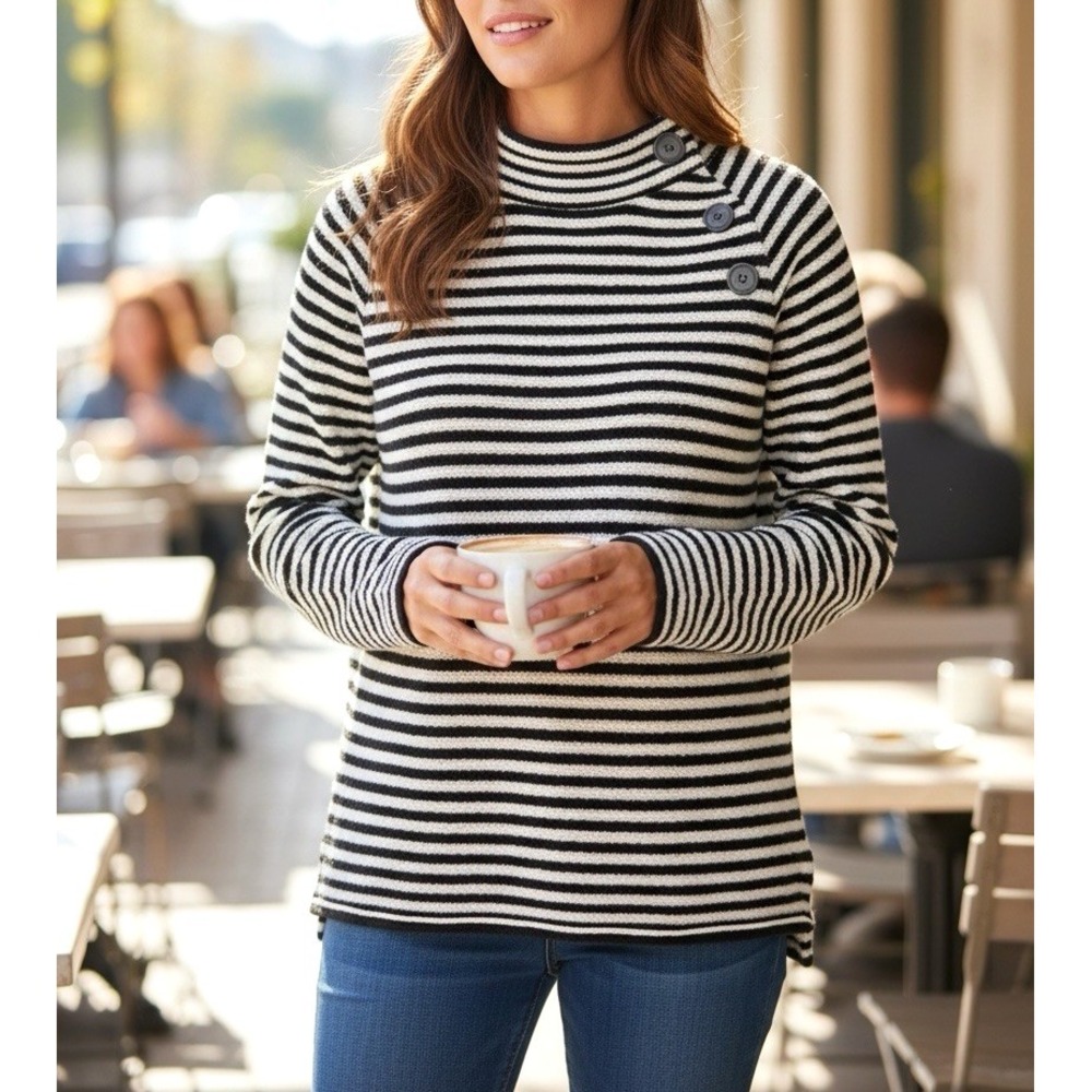 NWT Loft Funnel Neck Sweater Womens‎ L Textured Striped Button Detail Pullover